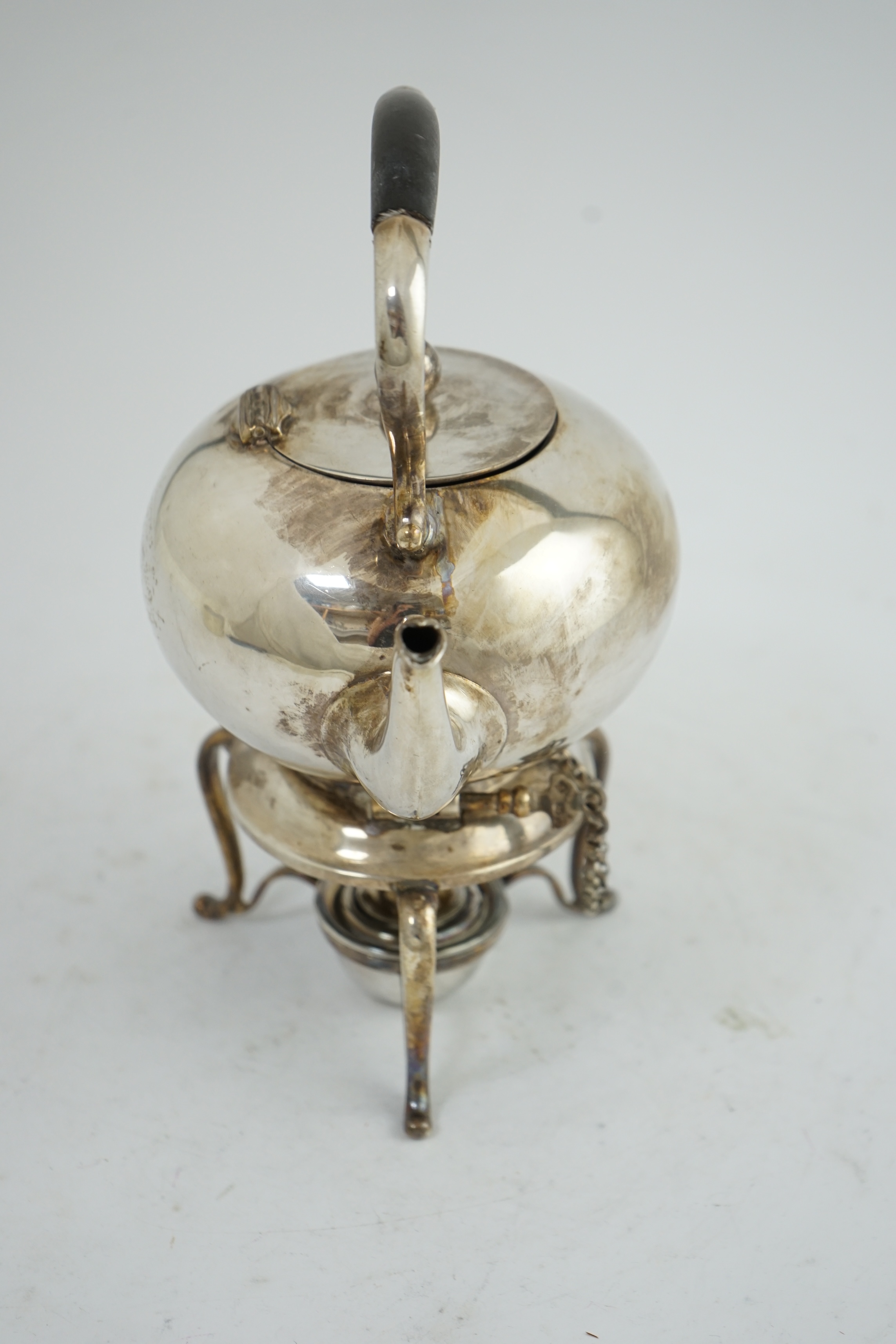 A late Victorian silver bachelor's tea kettle on stand with burner, by Martin, Hall & Co